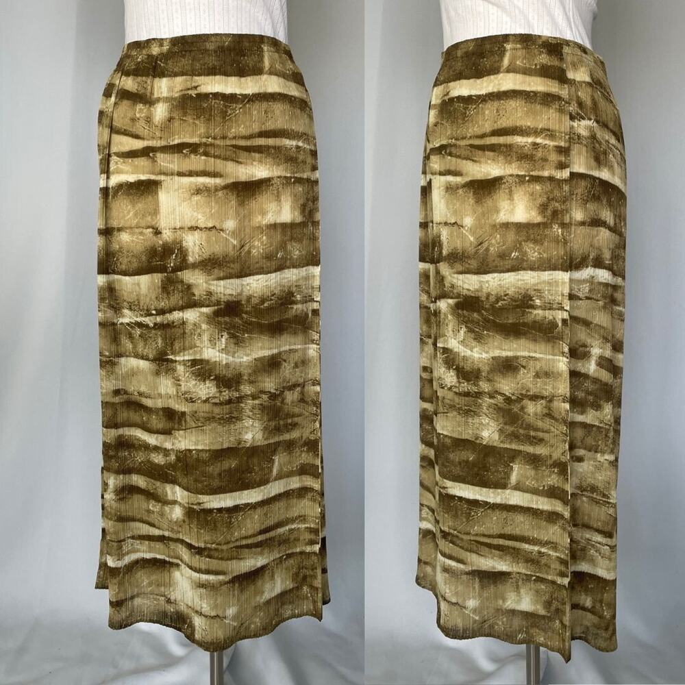 Boho Midi Skirt Size Small Green Brown Abstract Crinkle Pleated Fairy Whimsigoth
